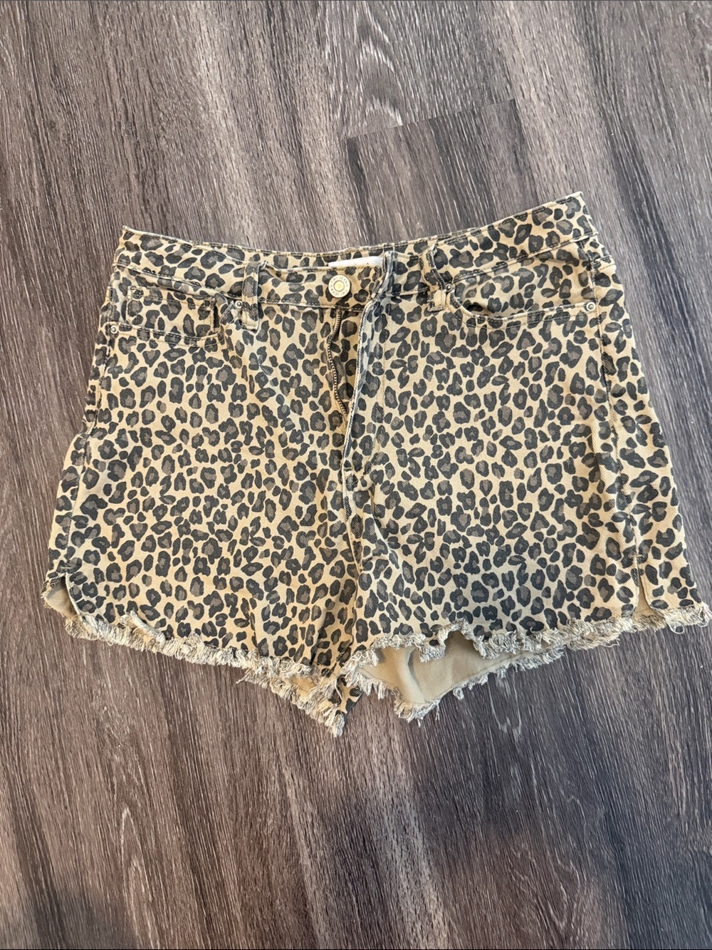 YMI Leopard Print Frayed Hem Jean Shorts - Tan & Black